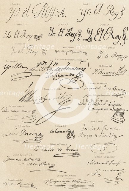 Signatures of Kings and famous people of the Spanish court, engraving, 1870.