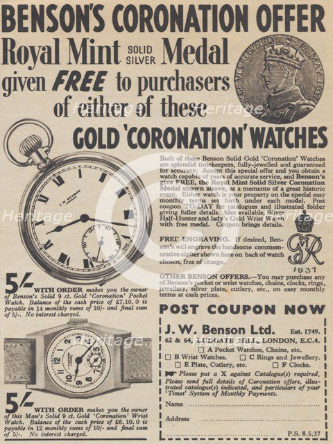 J W Benson Corornation watches, 1937. Artist: Unknown