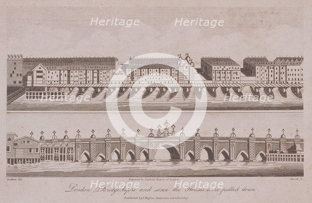 Two Views of London Bridge (old), London, 1805. Artist: A Birrell