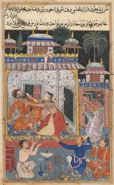 Page from Tales of a Parrot (Tuti-nama): Eighth night: The deceitful wife assaults…, c. 1560. Creator: Unknown.
