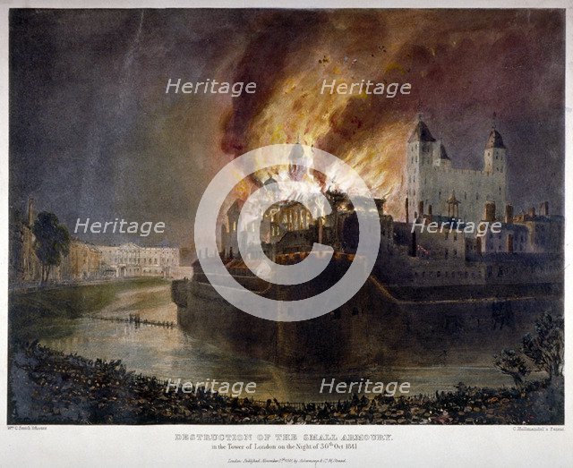 Destruction of the Armoury in the Tower of London by fire, 30 October 1841. Artist: William C Smith
