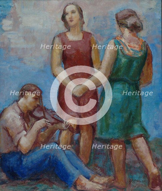 Dancing Girls and a Violin Player, detail sketch for the National Theatre ceiling, 1932. Creator: Yrjö Aleksander Ollila.