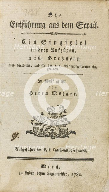 First edition of the libretto of "The Abduction from the Seraglio" by Mozart, 1782. Creator: Anonymous.