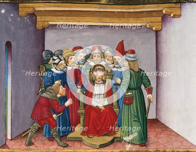 Miniature depicting Jesus, in crimson robes, tortured and mocked, 1476.  Creator: Cristoforo De Predis.