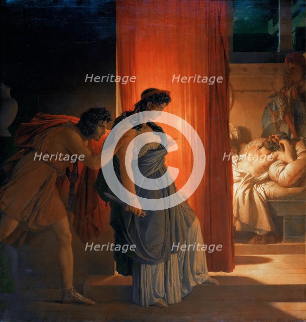 Clytemnestra hesitates before killing the sleeping Agamemnon. Artist: Guérin, Pierre Narcisse, Baron (1774-1833)