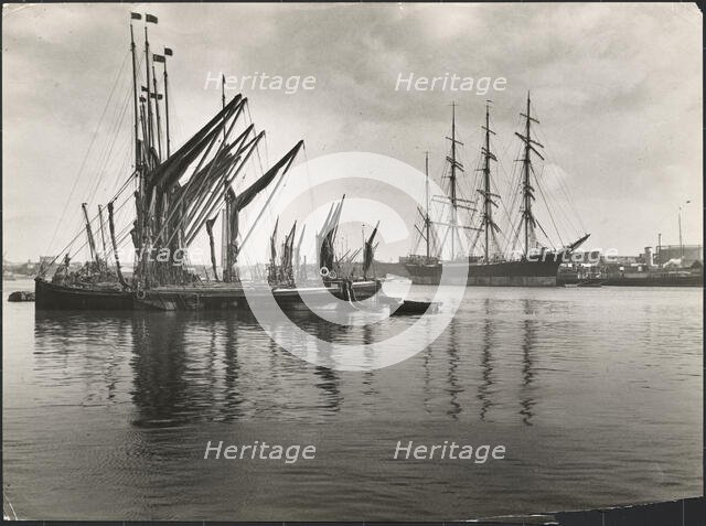 Sailing vessels at anchor on the River Medway below Rochester Bridge, Rochester, Medway, 1925-1935. Creator: J Dixon Scott.
