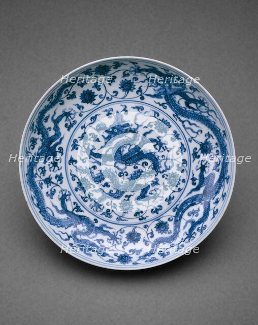 Dish with Dragons Writhing amid Floral Scrolls, Ming dynasty (1368-1644), Zhengde reign (1506-1521). Creator: Unknown.