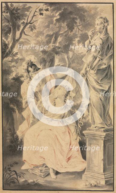 Allegorical Scene: Couple before a Statue, 1700s. Creator: F. Müller (German).