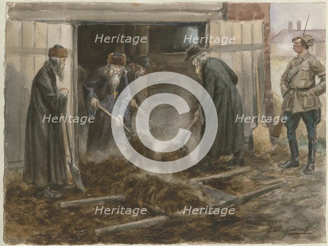 Russian clergy shoveling hay: September 1918 (from the series of watercolors Russian revolution), 19 Artist: Vladimirov, Ivan Alexeyevich (1869-1947)