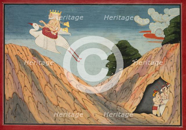 Brahma Hides the Cowherds and the Calves in the Cave, page from a Bhagavata Purana, c. 1760-1765. Creator: Unknown.