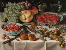 Still Life with Wild Strawberries and Cherries in Two Porcelain Bowls, First Half of 17th cen.. Creator: Claesz, Pieter (c. 1597-1660).