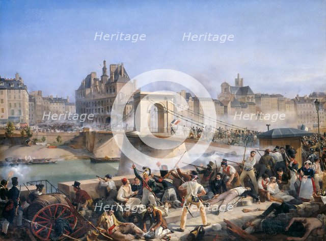 Attack on the Hotel de Ville and Combat on the Pont d’Arcole, July 28, 1830. Artist: Bourgeois, Amédée (1798-1837)