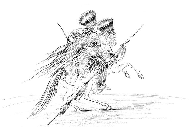 Native American male with weapons and headdress, riding a horse, 1841.Artist: Myers and Co