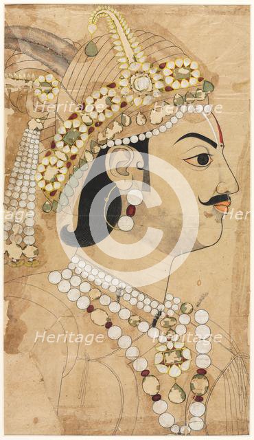 Portrait of Maharaja Pratap Singh (1764-1803), c. 1793. Creator: Sahib Ram (Indian, active 1745-1803), attributed to.