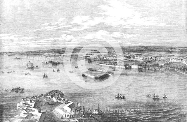 Cronstadt, from the Narrow Part of the Channel nearest St. Petersburg, drawn by E.T. Dolby, 1854. Creator: Unknown.