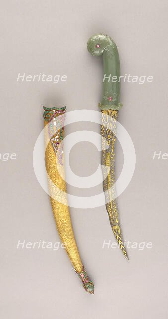 Dagger (Khanjar) with Scabbard, Dahestan, 18th/19th cent. Blade, Iranian, dated 1128 Hejira... Creator: Unknown.