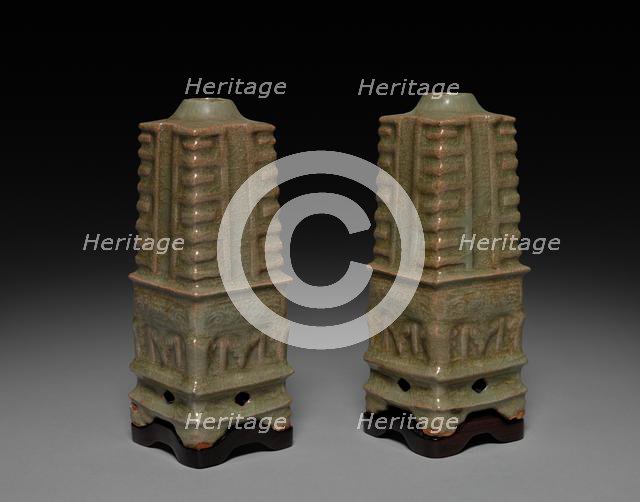 Pair of Vases in Shape of Cong: Southern Celadon Ware, 1271-1368. Creator: Unknown.