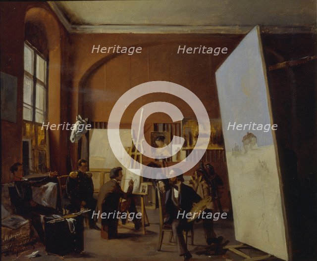 Studio of the painter Count Vasily Maksutov, 1858. Artist: Sorokin, Yevgraf Semyonovich (1821-1892)