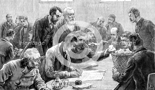 The General Election: counting the votes at the Southwark election, 1880. Creator: W. I. Mosses.