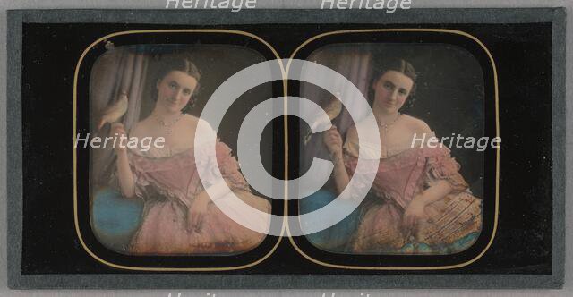 Portrait of a Seated Woman with a Bird Perched on Her Finger, about 1855. Creator: Unknown.