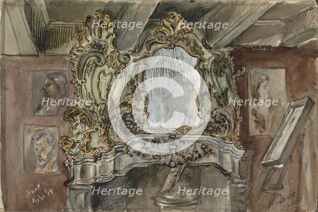 Fireplace with ornamental mirror in an interior, 1863. Creator: Isaac Gosschalk.