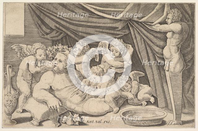 Bacchus surrounded by Putti, a statue of Priapus at right, 1530-60. Creator: Master of the Die.