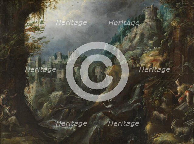Mountain landscape with rushing river, classical ruins and shepherds, 1590s. Creator: Lambert Doomer.