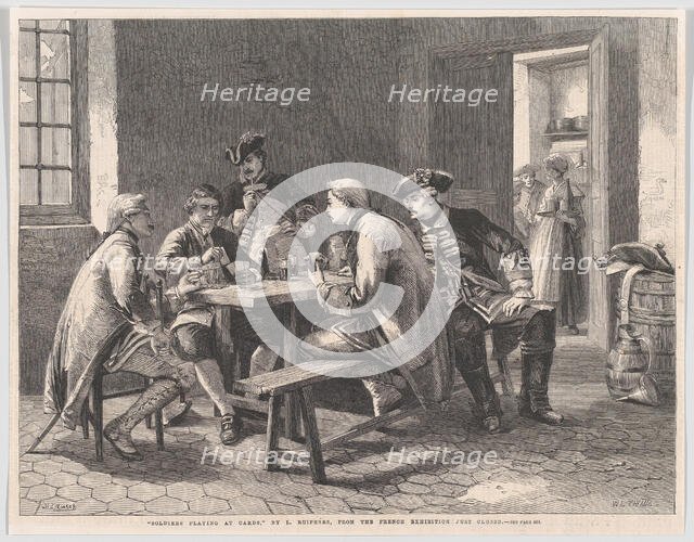 Soldiers Playing at Cards, from "Illustrated London News", May 4, 1861. Creators: William Luson Thomas, Matthew Somerville Morgan.