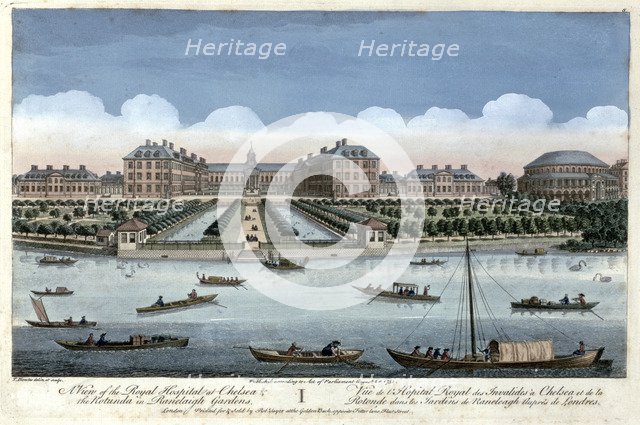 A View of the Royal Hospital at Chelsea and the Rotunda in Ranelagh Gardens, London, 1751. Artist: Thomas Bowles