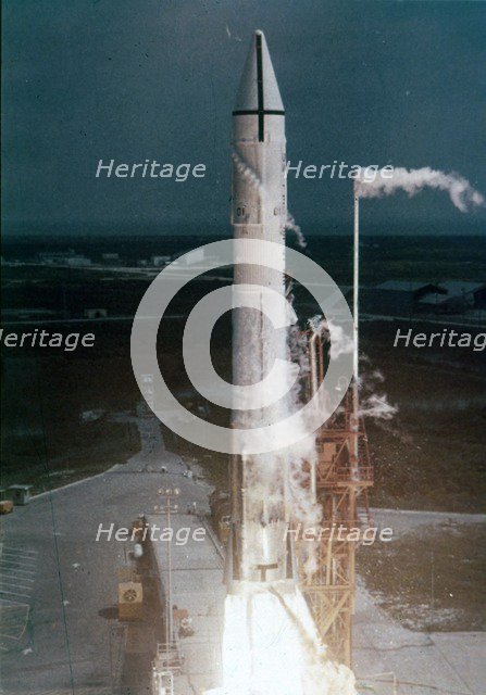 Atlas-Centaur rocket lifting off, Cape Canaveral Air Force Station, Florida, USA. Creator: NASA.