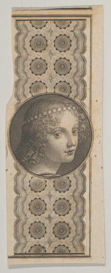 Banknote motif with a girl's head derived from Leonardo da Vinci against a patterne..., ca. 1824-37. Creator: Attributed to Asher Brown Durand.