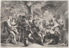 Don Quixote and troops of La Santa Hermandad outside a tavern, ca. 1635-79. Creator: Frans van den Wyngaerde.