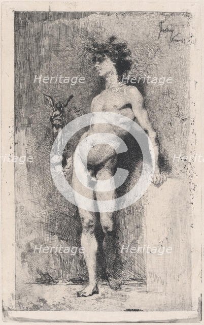 Victory: a naked youth standing facing left holding a statue of winged Victory in his righ..., 1869. Creator: Mariano Jose Maria Bernardo Fortuny y Carbo.