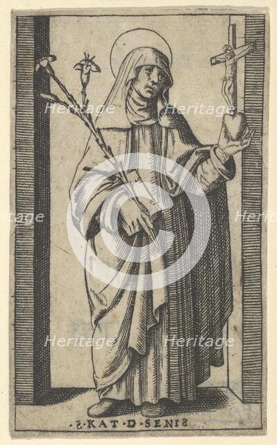 Saint Catherine of Siena standing holding flowers and book in her right hand, a h..., ca. 1500-1527. Creator: Marcantonio Raimondi.