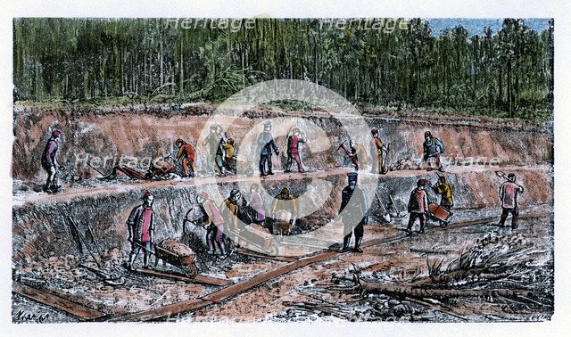 Disassembling works by Chinese workers during the construction of the Trans-Siberian Railway, eng…