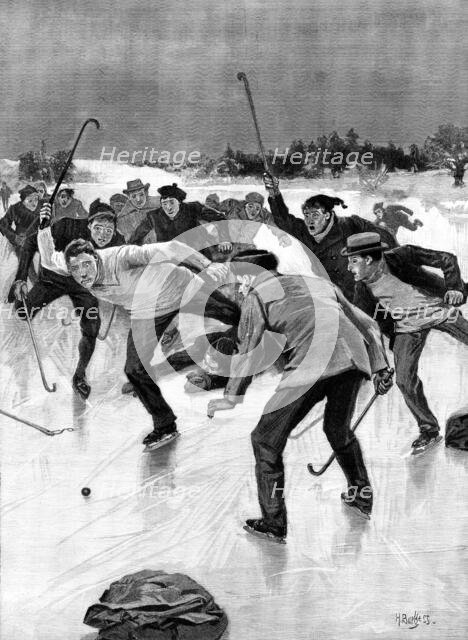Hockey on the Ice in America: a shot for goal, 1898. Creator: H. Burgess.