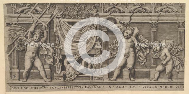 Speculum Romanae Magnificentiae: Bas-Relief with Three Cupids, 1519. Creator: Marco Dente.