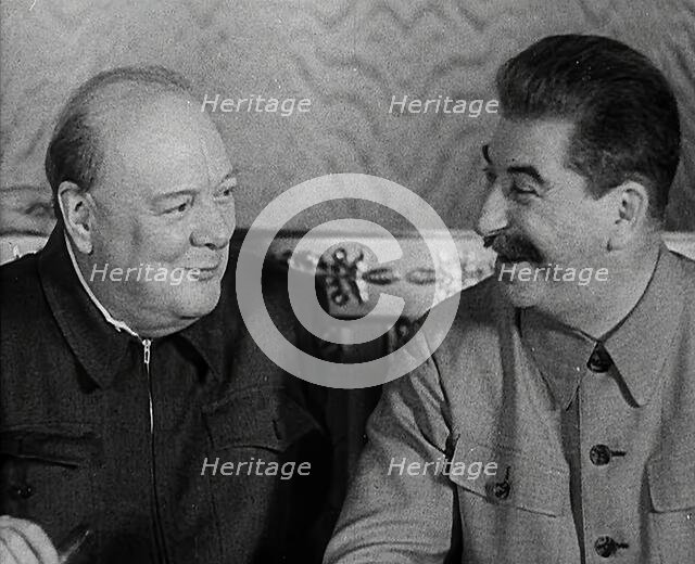 Winston Churchill and Joseph Stalin at a Meeting, 1942. Creator: British Pathe Ltd.