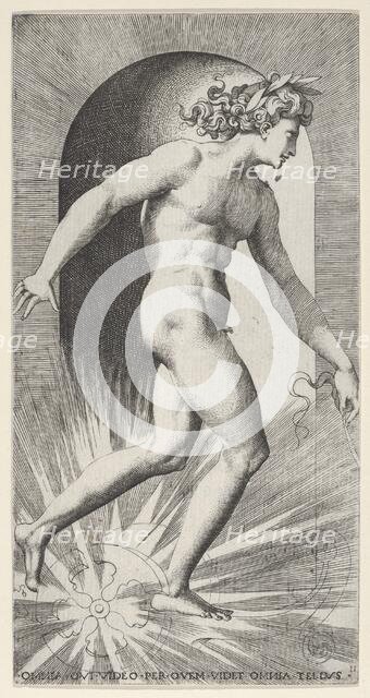 Plate 11: Apollo riding his chariot in a niche, facing right, from a series of mythologica..., 1526. Creator: Giovanni Jacopo Caraglio.