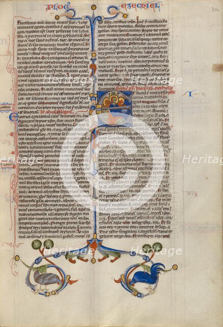 Initial E: Ezekiel Dreaming of the Four Evangelist Symbols; Abbey Bible, about 1250-1262. Creator: Unknown.