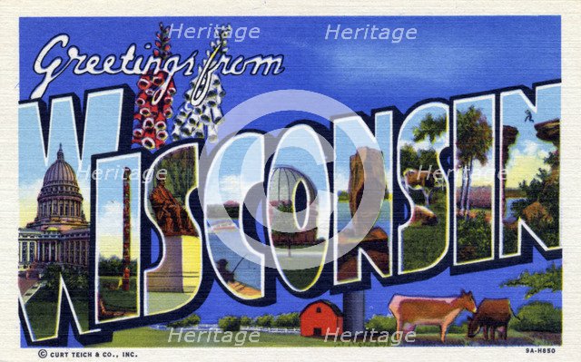 'Greetings from Wisconsin', postcard, 1939. Artist: Unknown