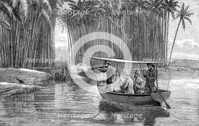 The Prince of Wales shooting otters at Beypore, from a sketch by an officer of the Serapis, 1876. Creator: L.B..