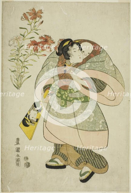 Pinks: nurse and baby, from an untitled series of beauties and flowers, 1812. Creator: Utagawa Toyokuni I.