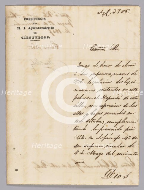 Cover letter regarding a runaway enslaved person in Cuba, November 1, 1857. Creator: Unknown.