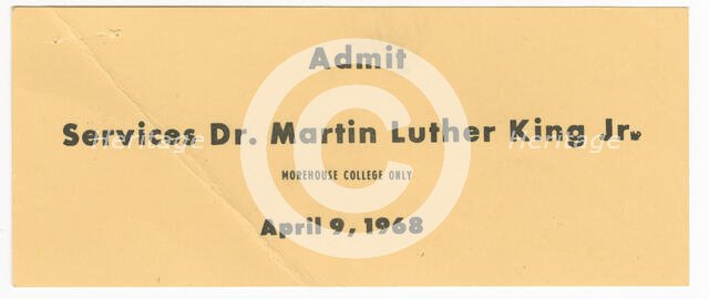 Ticket for funeral services for Martin Luther King, Jr. owned by Nina Simone, April 9, 1968. Creator: Unknown.