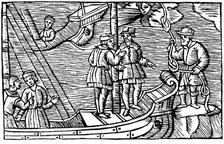 Sailors buying winds (tied in knots) from a magician, 1562. Artist: Unknown