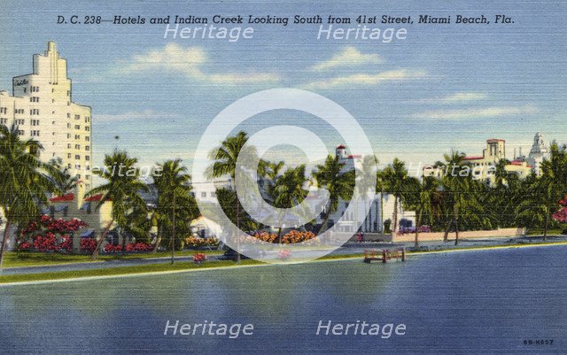 Hotels and Indian Creek looking south from 41st Street, Miami Beach, Florida, USA, 1946. Artist: Unknown