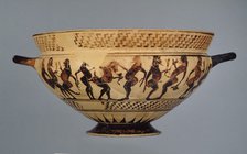 Middle Corinthian cup (skyphos) with a frieze of ithyphallic naked dancers, c600-575BC. Artist: Unknown.