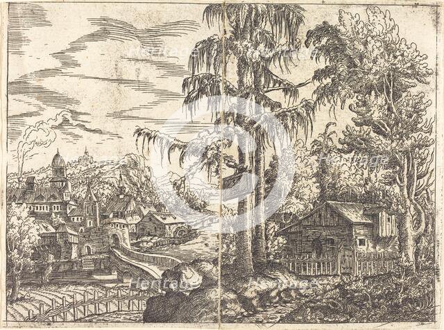 Landscape with View of a Farmer's Cottage and a Town near a River, 1551. Creator: Hans Sebald Lautensack.