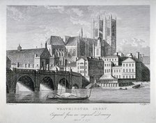 Westminster Abbey and Bridge from the River Thames, London, 1775.                        Artist: RB Godfrey